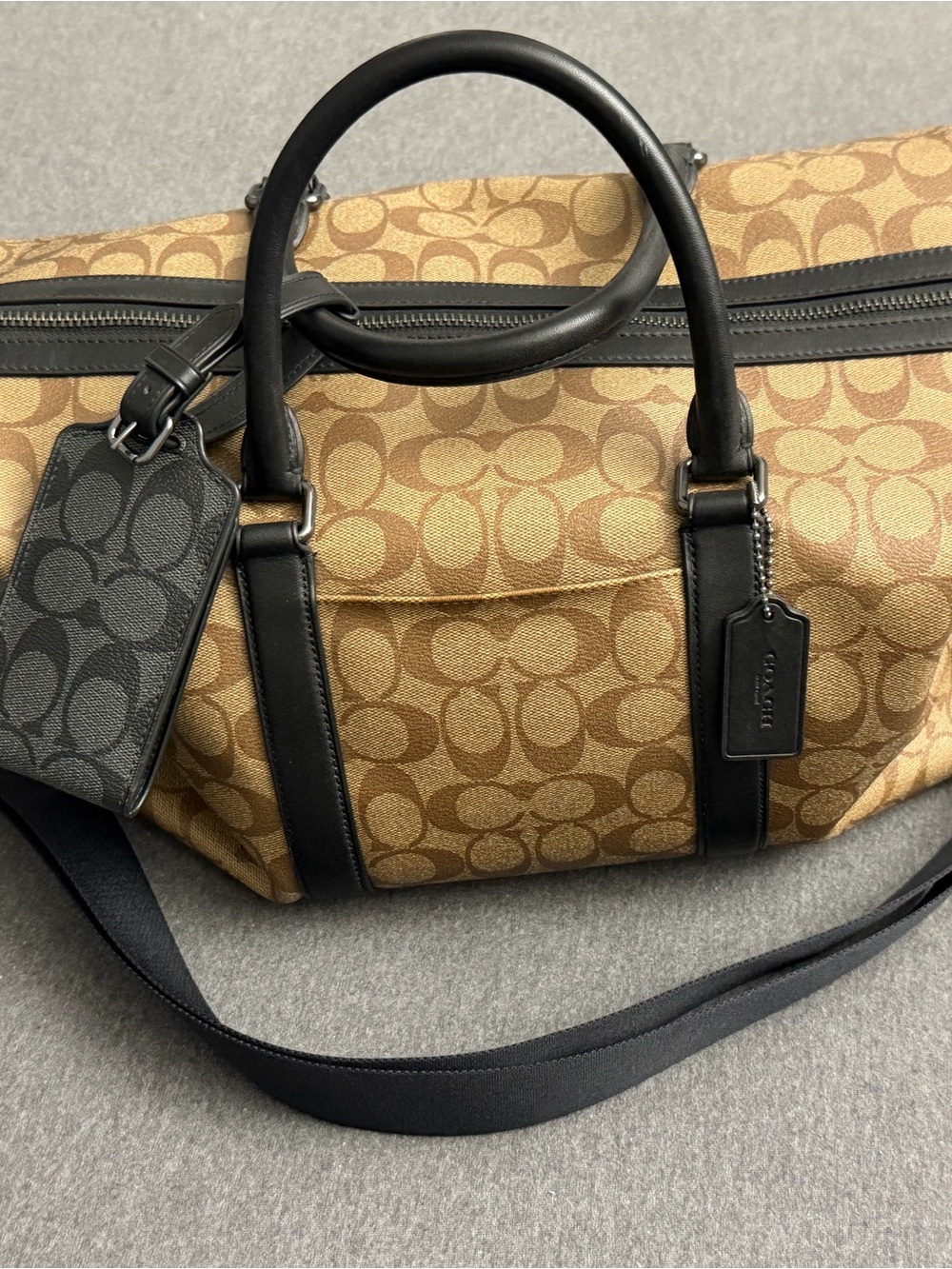 Men’s Coach Brown Signature Canvas Ellery Duffel bag with Black Trim